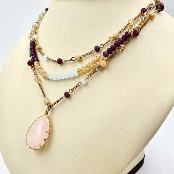 TRIPLE STRAND ROSE QUARTZ CRYSTAL DROP NECKLACE - Picture 3 of 7